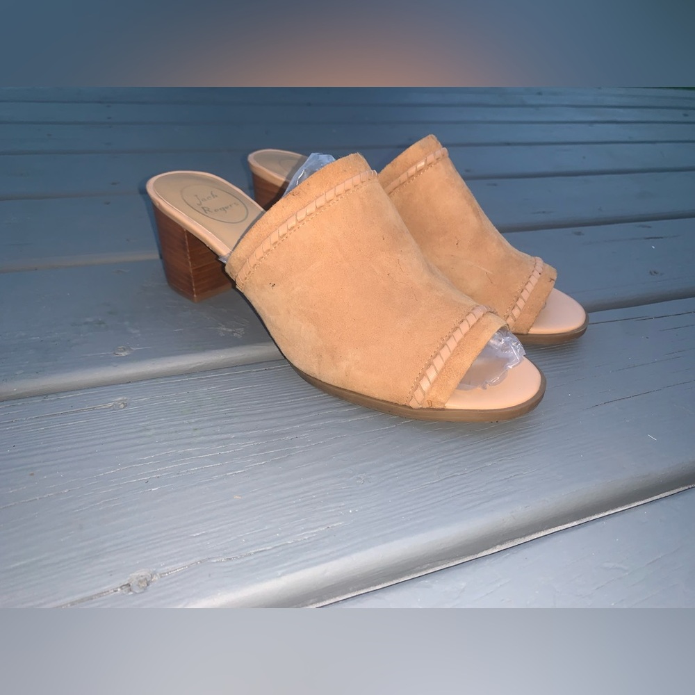Jack Rogers women's tan camel brown leather open toe block heel mules size 9.5
